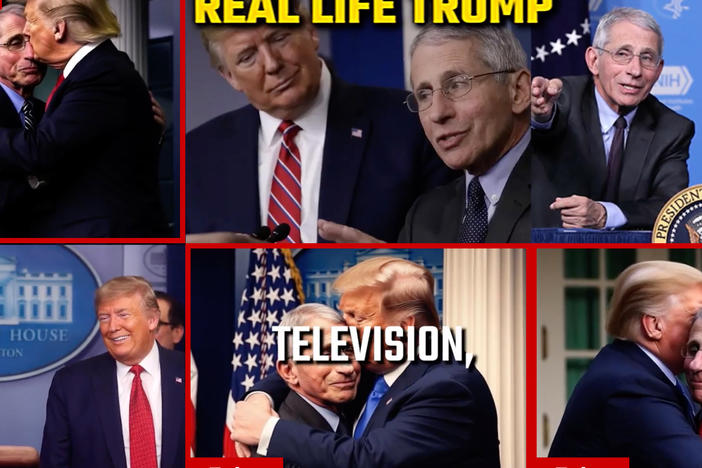 A recent video from Republican presidential candidate and Florida Gov. Ron DeSantis includes an image with three fake photos of former President Donald Trump and Dr. Anthony Fauci hugging. These three images appear to be AI-generated.