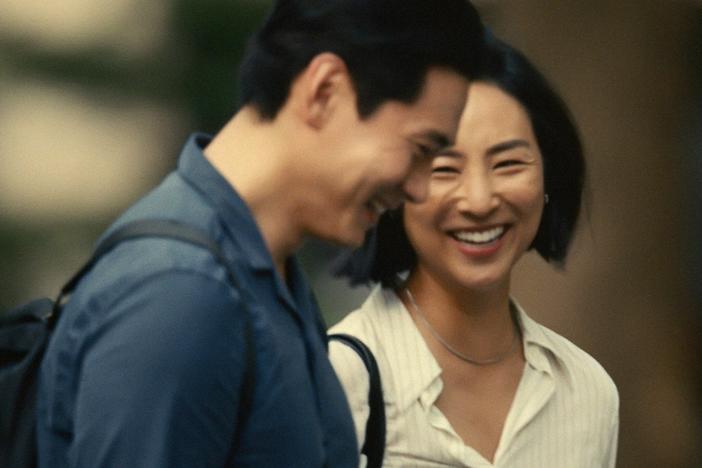 Teo Yoo and Greta Lee star as Hae Sung and Nora, childhood sweethearts who reconnect decades later in <em>Past Lives.</em>