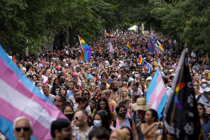 The Pride Walk and Rally heads from Dupont Circle to Freedom Plaza in Washington, D.C., on June 12, 2021.