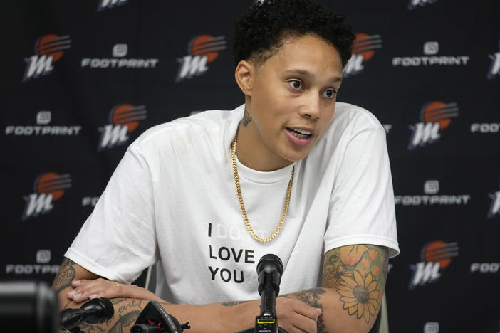 Phoenix Mercury center Brittney Griner is seen at a news conference on Wednesday after the team's game against the Dallas Wings, in Arlington, Texas.