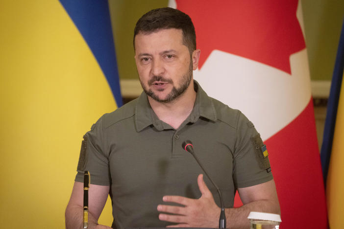 Ukrainian President Volodymyr Zelenskyy speaks during a joint news conference with Canada's Prime Minister Justin Trudeau in Kyiv, Ukraine, on Saturday.