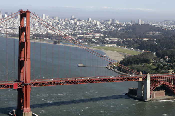 The Golden Gate Bridge is seen in an aerial view in San Francisco, Wednesday, April 9, 2008.