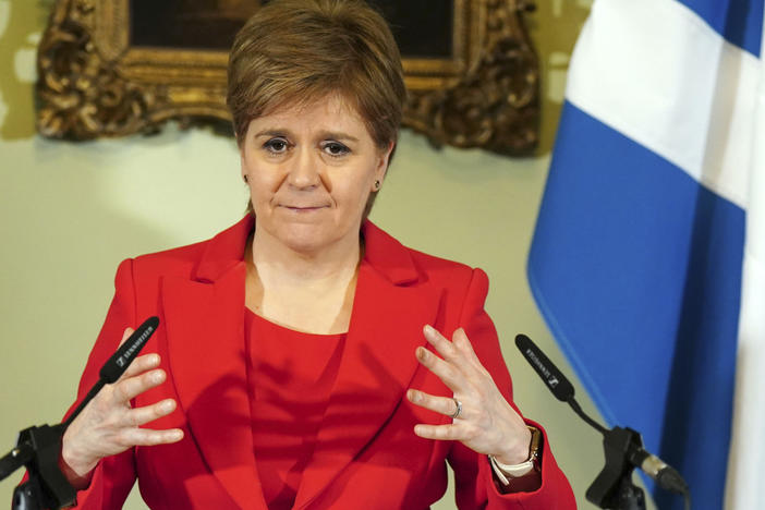 Former Scottish First Minister Nicola Sturgeon speaks during a press conference in February at Bute House in Edinburgh. Sturgeon has been arrested by police investigating the finances of Scotland's pro-independence governing party.