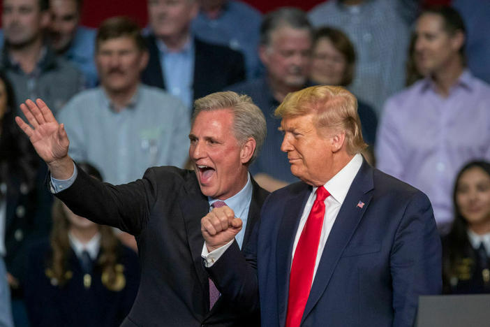 Rep. Kevin McCarthy, who is now House speaker, and then-President Trump attend a rally in Bakersfield, Calif., on Feb. 19, 2020. McCarthy said House investigators would play a key role in scrutinizing the investigations into the former president.