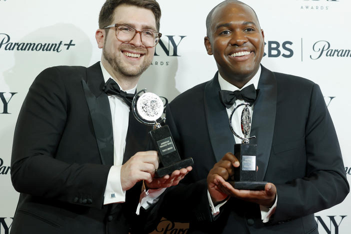 (L-R) Charlie Rosen and Bryan Carter, winners of the Best Orchestrations Award for "Some Like It Hot", pose in the press room during The 76th Annual Tony Awards at Radio Hotel on June 11, 2023 in New York City.