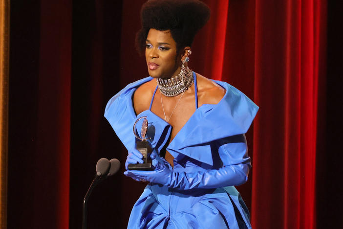 J. Harrison Ghee accepts the award for Best Leading Actor in a Musical for <em>Some Like It Hot</em> onstage. They and Alex Newell were the first nonbinary actors to win Tony Awards.