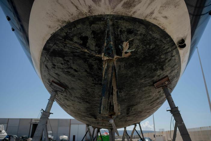 A picture taken on May 31 shows the rudder of a vessel damaged by killer whales (<em>Orcinus orca</em>) while sailing in the Strait of Gibraltar and taken for repairs at the Pecci Shipyards in Barbate, near Cadiz, southern Spain.
