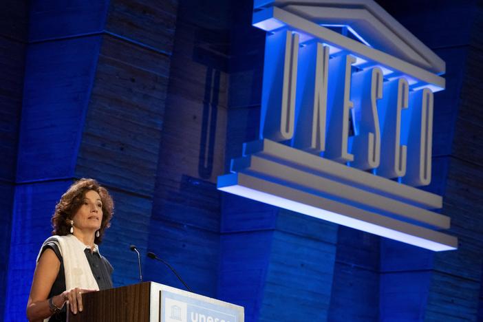 UNESCO Director-General Audrey Azoulay delivers a speech Monday at the group's headquarters in Paris to announce the United States' request to resume membership in the organization.