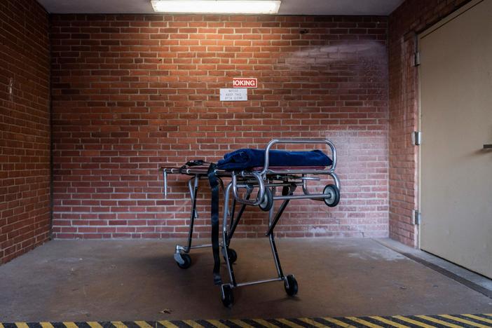 An empty gurney is seen outside of a hospital's morgue in Baltimore in 2020.