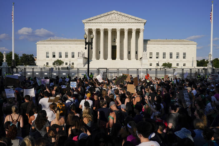 Protesters filled the street in front of the Supreme Court after the court's decision to overturn <em>Roe v. Wade</em> on June 24, 2022. Nearly a year later, <em></em>61% of respondents to a new Gallup poll said overturning <em>Roe </em>was a "bad thing."