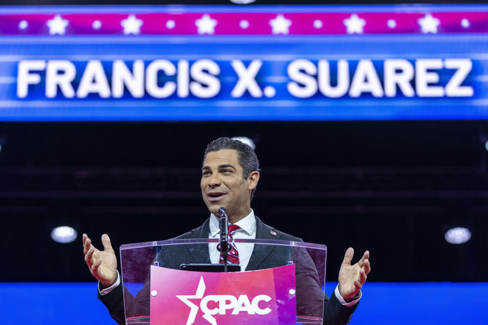 Miami Mayor Francis Suarez speaks at the Conservative Political Action Conference in March at National Harbor in Oxon Hill, Md.