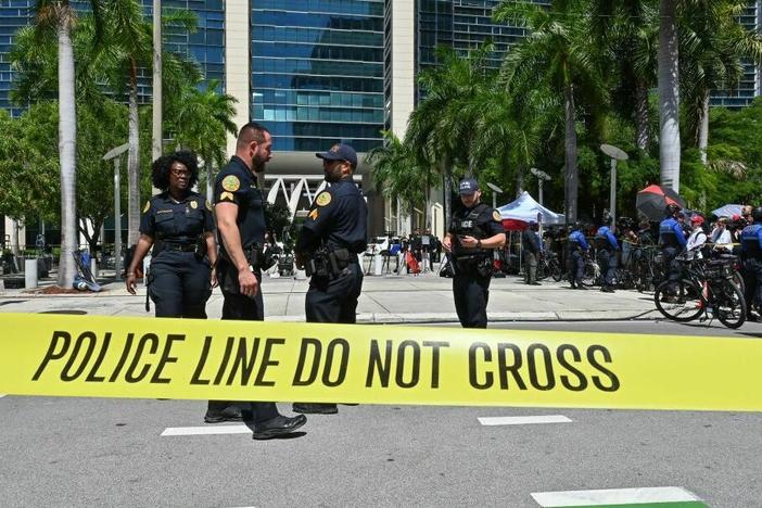 Police officers are pictured outside the Wilkie D. Ferguson Jr. United States Courthouse before the arraignment of former President Donald Trump in Miami on Tuesday.