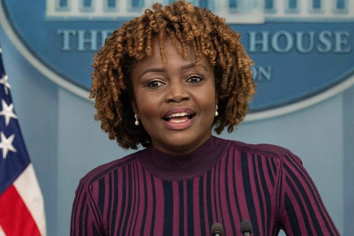 White House press secretary Karine Jean-Pierre says the U.S. Office of Special Counsel's finding that she violated the Hatch Act is "retroactive," adding that she was "given the green light to actually say the comments that I made." She is seen here during Wednesday's daily briefing at the White House.
