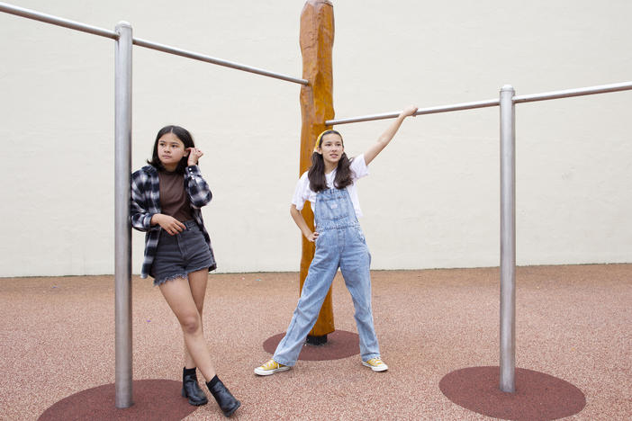Norah Weiner (L) and Erika Young (R), the grand-prize winners in grades 5-8 of NPR's Student Podcast Challenge, at Presidio Middle School in San Francisco.