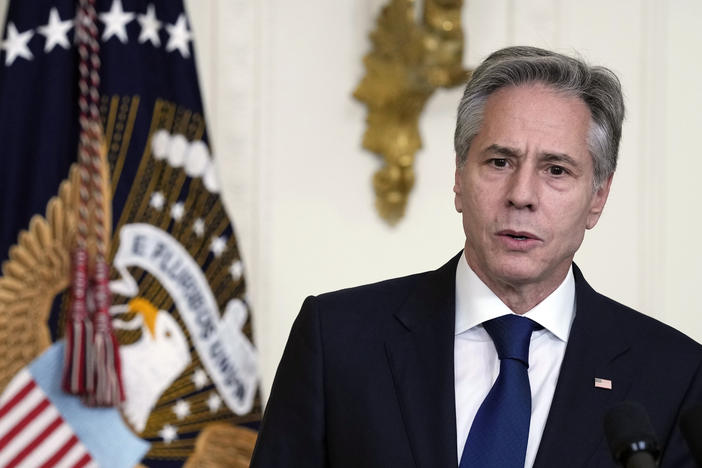 U.S. Secretary of State Antony Blinken speaks at a chiefs of mission reception in the East Room of the White House in Washington, on Tuesday. Blinken heads to China on Friday to meet senior officials, his first visit as secretary of state.