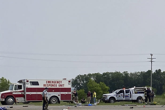 This photo shows the scene of a major collision that has closed a section of the Trans-Canada Highway near Carberry, Manitoba on Thursday June 15, 2023.