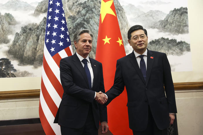 U.S. Secretary of State Antony Blinken, left, shakes hands with Chinese Foreign Minister Qin Gang, right, at the Diaoyutai State Guesthouse in Beijing, China, Sunday, June 18, 2023.