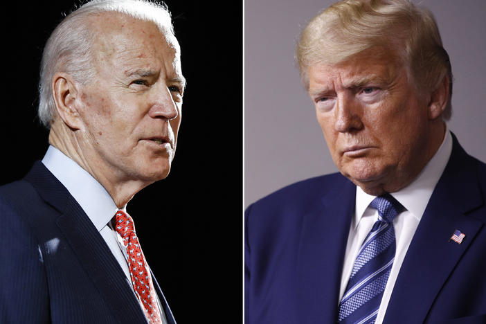 In this combination of file photos, Joe Biden speaks in Wilmington, Del., on March 12, 2020, and Donald Trump speaks at the White House on April 5, 2020.