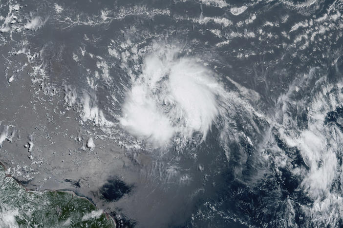 This satellite image taken on Tuesday shows Tropical Storm Bret chugging westward toward the eastern Caribbean.