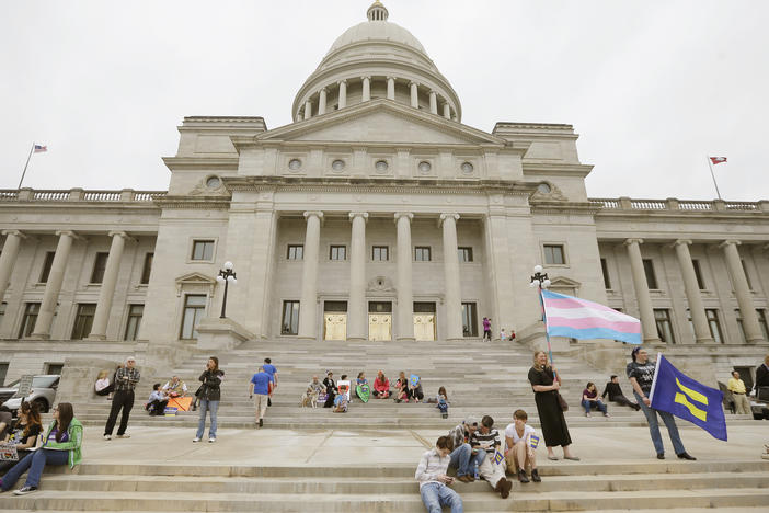 On Tuesday, June 20, 2023, a federal judge blocked Arkansas' ban on gender-affirming care for minors. In this photo, opponents of a religious freedom bill gather at the Arkansas state Capitol in Little Rock, Ark., Thursday, April 2, 2015.