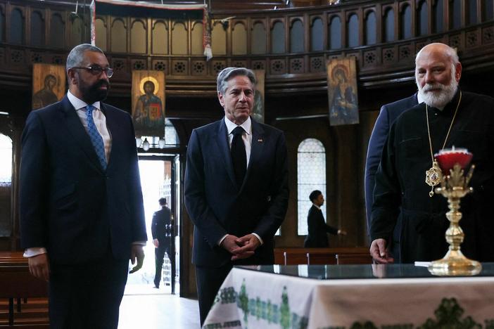 U.S. Secretary of State Antony Blinken and Britain's Foreign Secretary James Cleverly attend an event at the Ukrainian Welcome Center at the Ukrainian Catholic Cathedral, in London, on June 20, 2023
