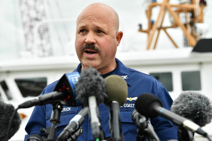 U.S. Coast Guard Capt. Jamie Frederick speaks during a press conference about the search efforts for the submersible that went missing near the wreck of the Titanic in Boston on Tuesday.