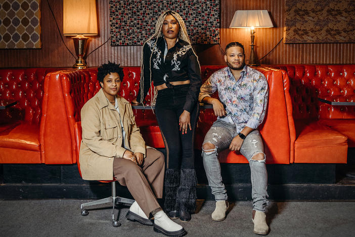 Musicians Denitia, Larysa Jaye and Tylar Bryant pose for a photo before their set at Lulu's Downstairs in Manitou Springs, Colo., on June 17, 2023. They are members of the Black Opry, a touring musical revue dedicated to uplifting Black artists in country music.