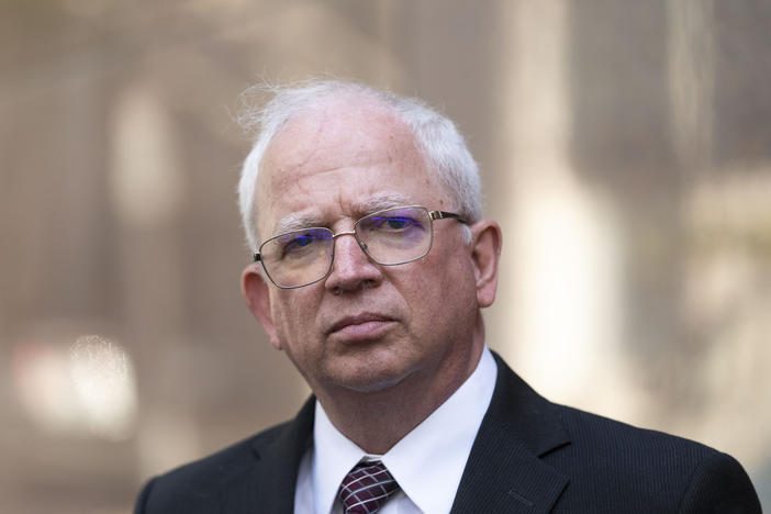 Attorney John Eastman stands outside the California State Bar Court in downtown Los Angeles. The State Bar is seeking to revoke Eastman's law license over his work on former President Donald Trump's effort to overturn the 2020 election.