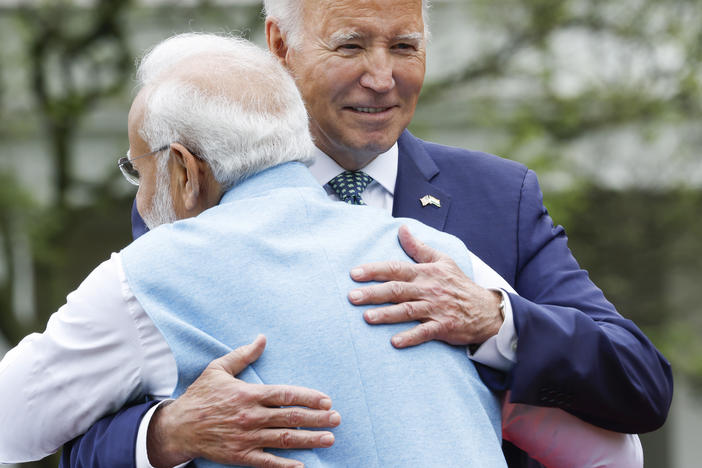 President Biden and Indian Prime Minister Narendra Modi hug during an arrival ceremony at the White House on June 22.