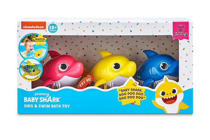 Pictured are the mini versions of Zuru Toys' Baby Shark-branded toys that sing or swim when placed in water. The company recalled mini and full-size versions of the toys after a dozen children were injured from sitting or falling onto the toys.