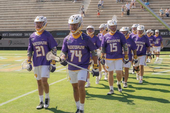 The Haudenosaunee Nationals walk on to the field before a match against England at the World Lacrosse Championships on June 23, 2023, at Torrero Stadium in San Diego, Calif.