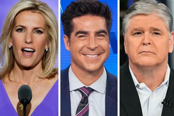 From left, Laura Ingraham, Jesse Watters, Sean Hannity and Greg Gutfeld make up Fox News' prime time lineup.