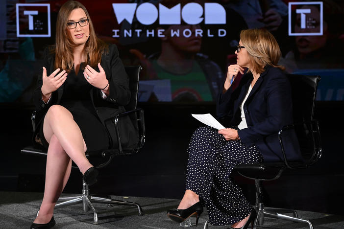 Sarah McBride and Katie Couric speak onstage during the Women In The World summit on April 11, 2019 in New York City.
