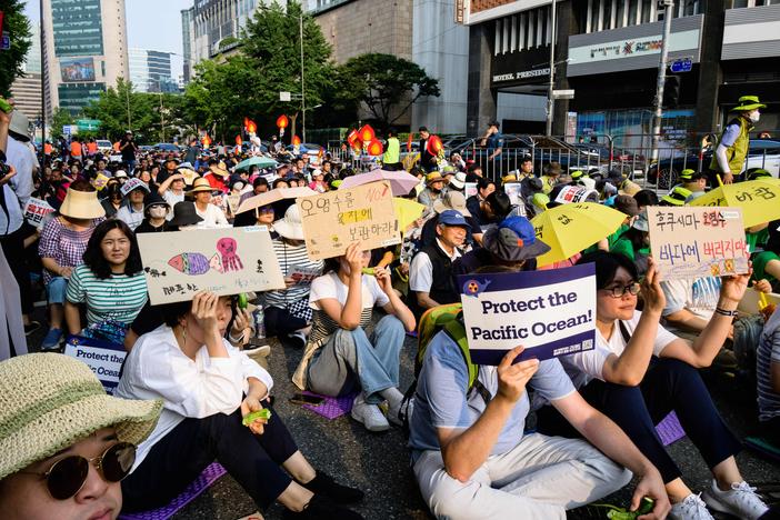 Activists gather to protest against a planned release of water from the Fukushima Dai-Ichi nuclear plant in Japan, in Seoul, South Korea, on Saturday.