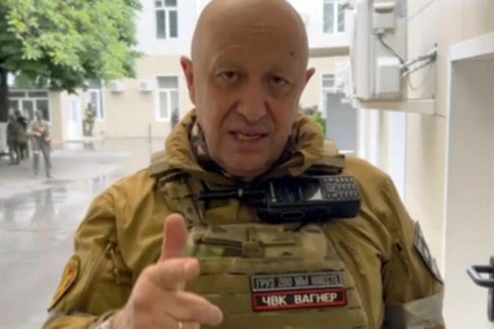 In this handout photo taken from video released by Prigozhin Press Service, Yevgeny Prigozhin, the owner of the Wagner Group military company, records his video addresses in Rostov-on-Don, Russia, Saturday, June 24, 2023.