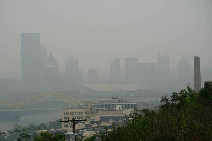 Smoke and haze from the Canadian wildfires hang over Pittsburgh on June 28.