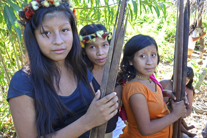 A group of young women from the Awa people in Brazil hold their bows and arrows as they return from a hunt. A new reexamination of ethnographic studies finds female hunters are common in hunter-gatherer societies.