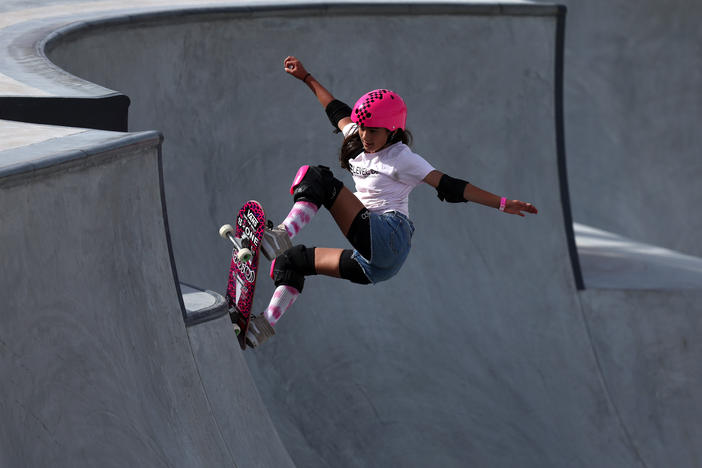 Arisa Trew, the recent record breaker for the first girl to complete a 720 in competition, during the Women's Park qualifiers of the Sharjah Skateboarding Street and Park World Championships in 2023.