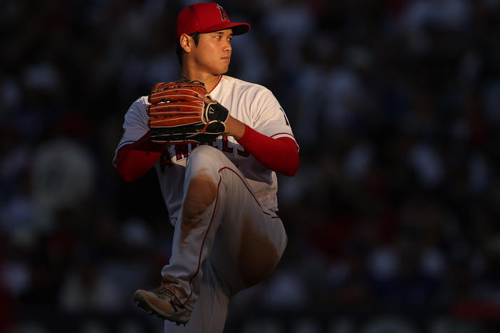 Shohei Ohtani, #17 of the Los Angeles Angels, pitches during a game against the Los Angeles Dodgers at Angel Stadium on June 21, in Anaheim, Calif.