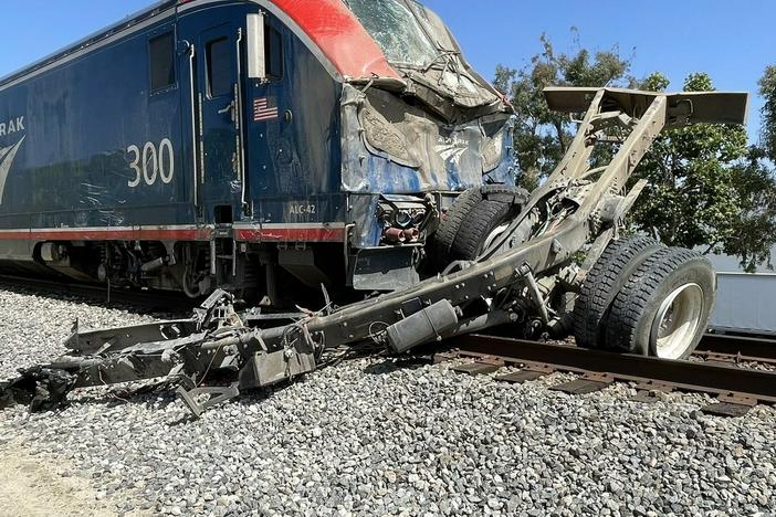 An Amtrak train struck a public works vehicle in Moorpark, Calif., on Wednesday, sending 16 people to the hospital.