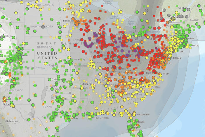 Poor air quality triggered orange, red and purple alerts over a large chunk of the U.S. on Thursday, as seen in this map published by the federal air quality site AirNow at 7 a.m. ET.