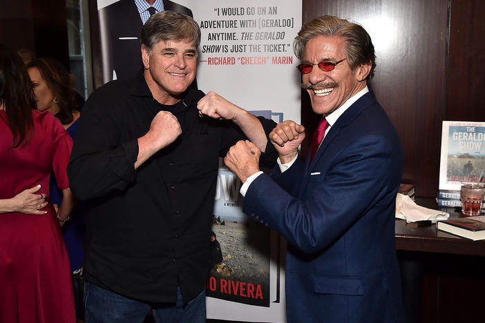 Geraldo Rivera pals around with Fox colleague Sean Hannity at the launch of Rivera's book <em>The Geraldo Show: A Memoir</em> in New York City in 2018.