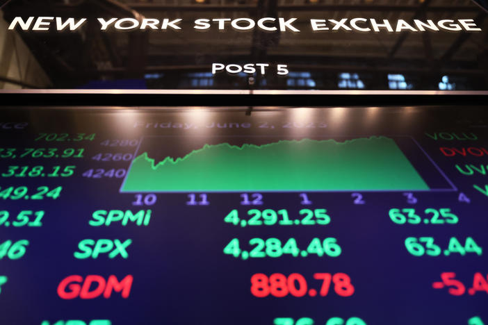 Markets have rallied recently as the economy has proved sturdier than expected and as investors have latched onto artificial intelligence-related shares. Here, stock market numbers are displayed at the New York Stock Exchange on June 2.