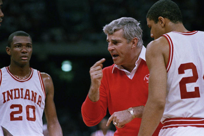 Indiana University coach Bobby Knight, here in the 1987 semifinals, led his Hoosiers to the NCAA men's basketball championship that year.