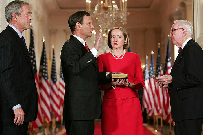John Roberts is sworn in as U.S. Supreme Court chief justice on Sept. 29, 2005, at the White House by Justice John Paul Stevens with Roberts' wife, Jane, and then-President George W. Bush.