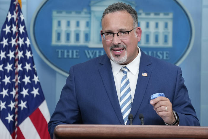 Education Secretary Miguel Cardona speaks during the daily briefing at the White House on June 30, after the Supreme Court made two rulings on higher education, including striking down President Biden's student loan plan.