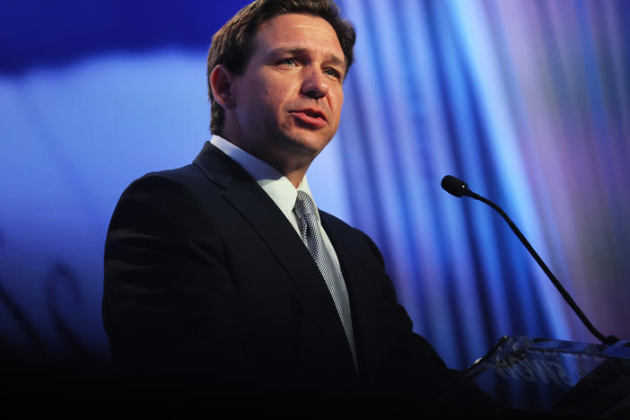 Republican presidential candidate and Florida Gov. Ron DeSantis speaks during a Moms for Liberty summit in Philadelphia on Friday.