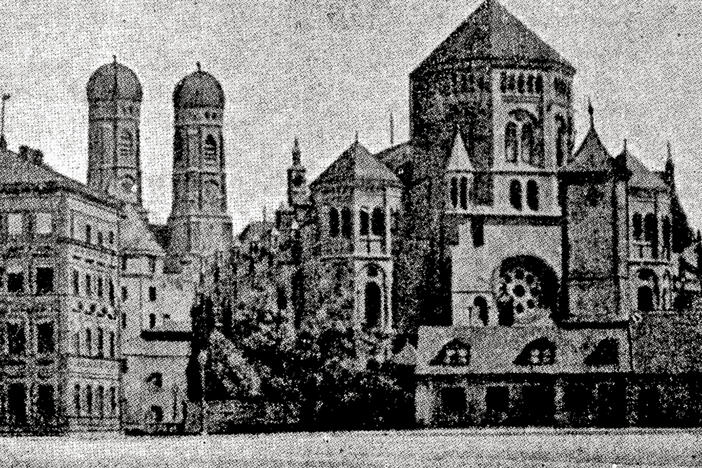 This image from Mordechai Bernstein's "In the Labyrinth of Times" exhibit shows the Munich synagogue on the eve of its destruction in June 1938.