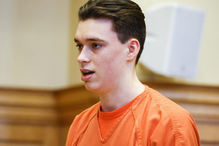 Willard Miller makes a statement during his sentence hearing at the Jefferson County Courthouse in Fairfield, Iowa, Thursday, July 6, 2023. Miller, the first of two Iowa teenagers who pleaded guilty to beating their high school Spanish teacher to death with a baseball bat, was sentenced Thursday to life with a possibility of parole after 35 years in prison.