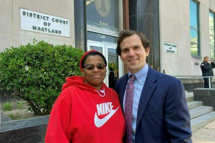 Baltimore attorney Joseph Loveless with Keisha, a tenant he recently represented in rent court. Maryland is among a growing number of places that guarantee lawyers for low-income renters facing eviction. (Keisha didn't want to give her last name for fear of retaliation from her landlord.)